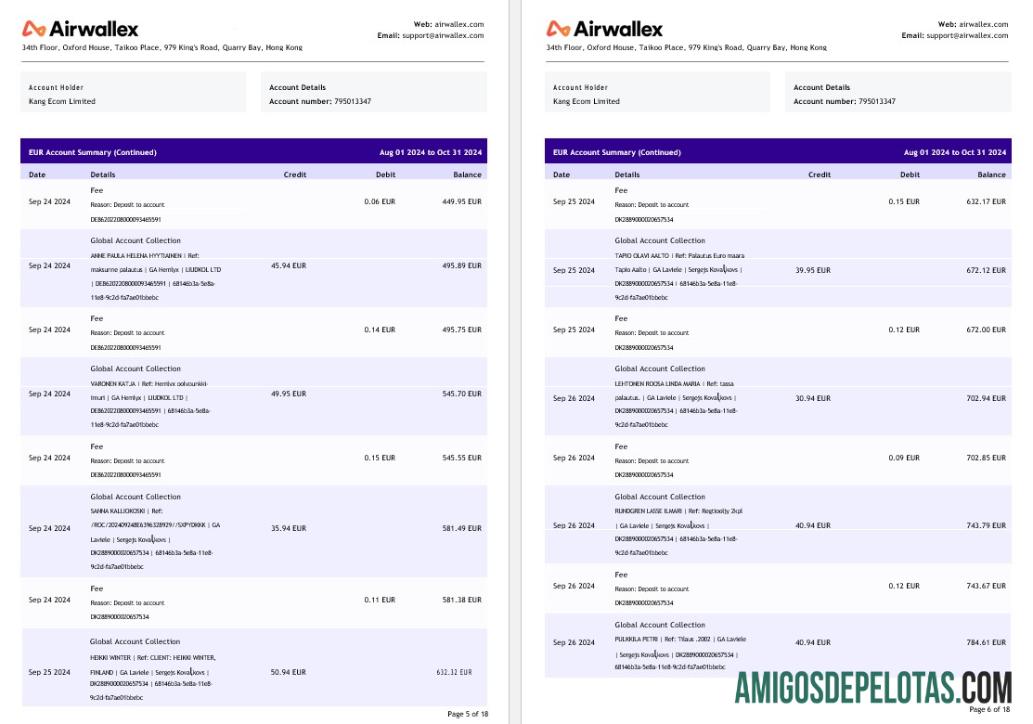 Extrato de conta Hong Kong Airwallex Limited, 18 páginas 3 amostra